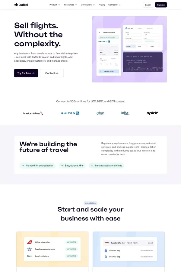 Duffel - The best API to sell flights online - Landing design inspiration