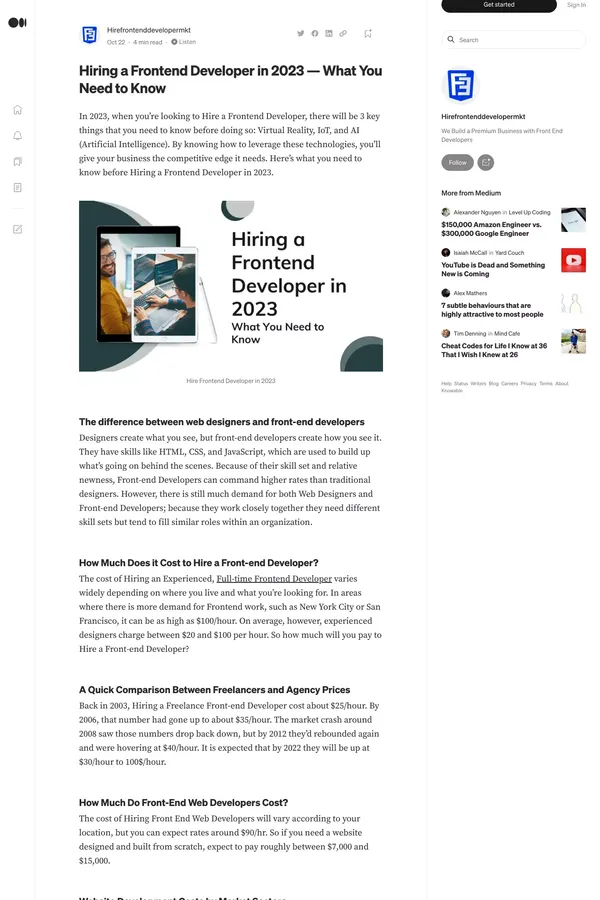 Hiring a Frontend Developer in 2023 â What You Need to Know | by Hirefrontenddevelopermkt | Oct, 2022 | Medium - Blog design inspiration
