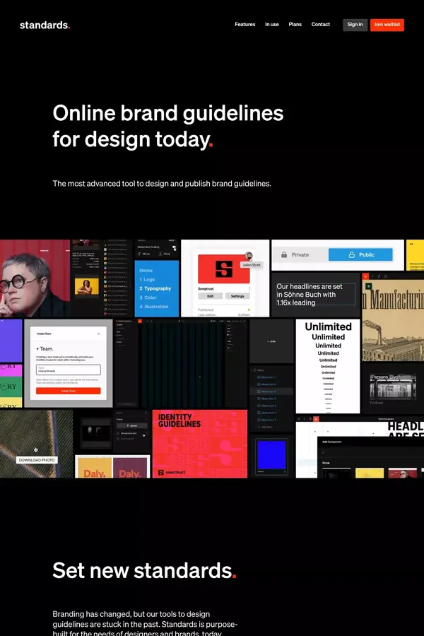 Standards • Design and publish advanced, precise online brand guidelines with no code. - Landing design inspiration