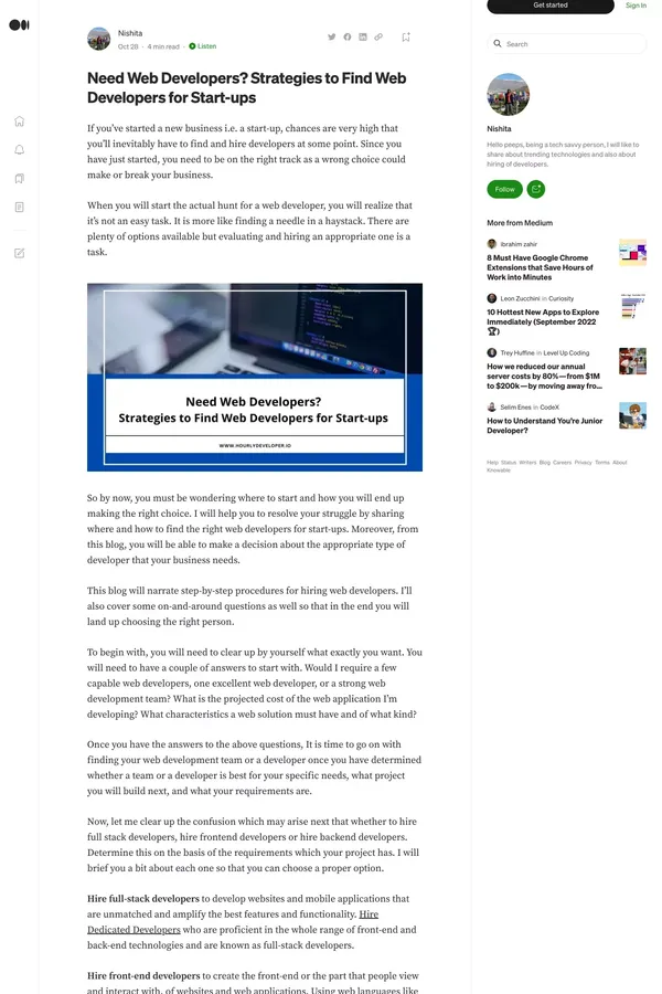 Need Web Developers? Strategies to Find Web Developers for Start-ups | by Nishita | Oct, 2022 | Medium - Blog Post design inspiration