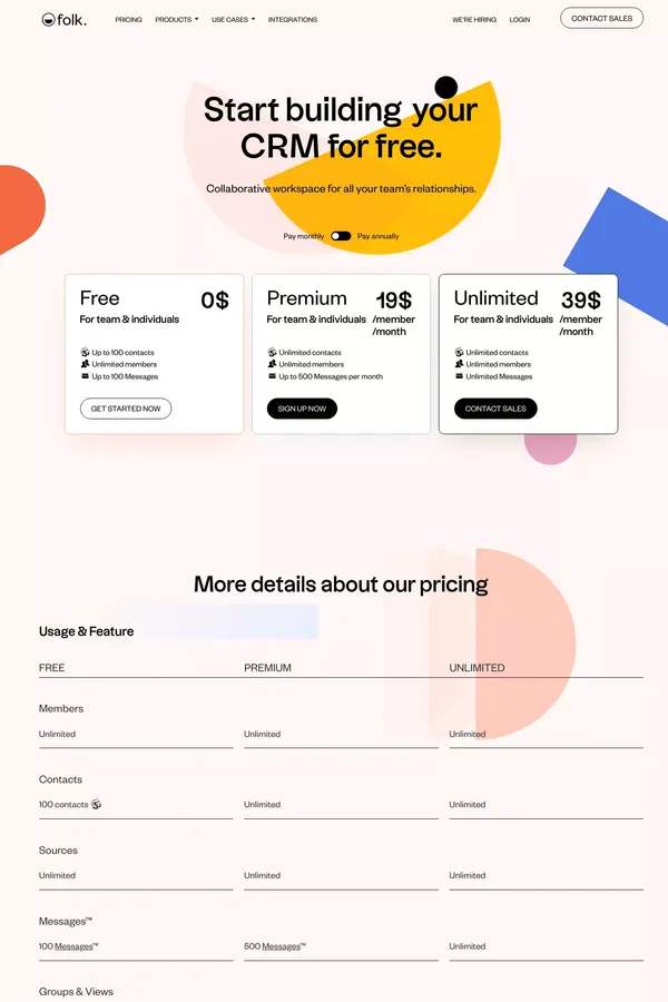folk Pricing — Designed for contacts, Built for Productivity - Pricing design inspiration