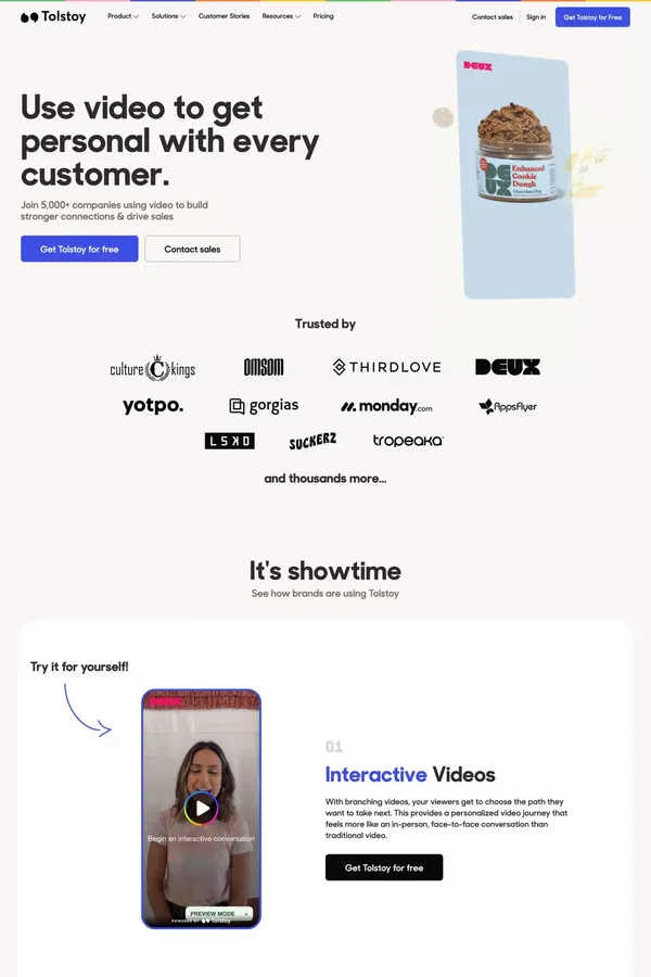 Add video commerce to your site with 1 click | Tolstoy - Landing design inspiration