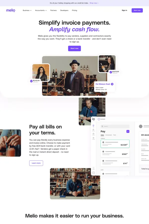 Pay & Get Paid: Easy Bill Paying Service for Businesses | Melio - Landing design inspiration