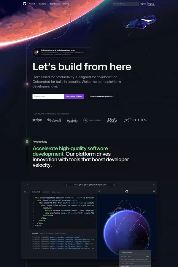 GitHub: Let’s build from here · GitHub - Landing design inspiration