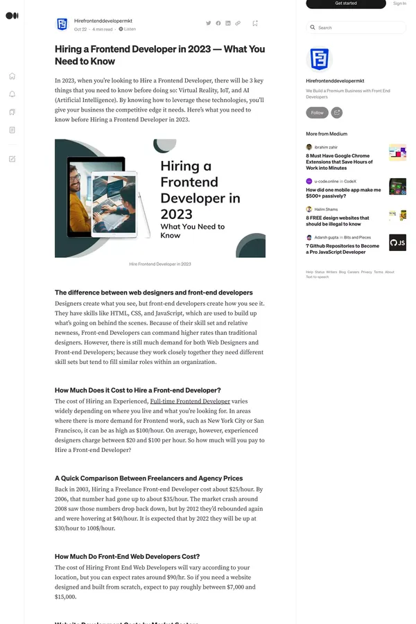 Hiring a Frontend Developer in 2023 â What You Need to Know | by Hirefrontenddevelopermkt | Oct, 2022 | Medium - Blog design inspiration