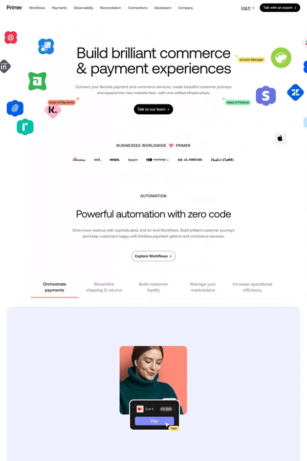 Primer: The ultimate commerce & payments automation platform - Landing design inspiration