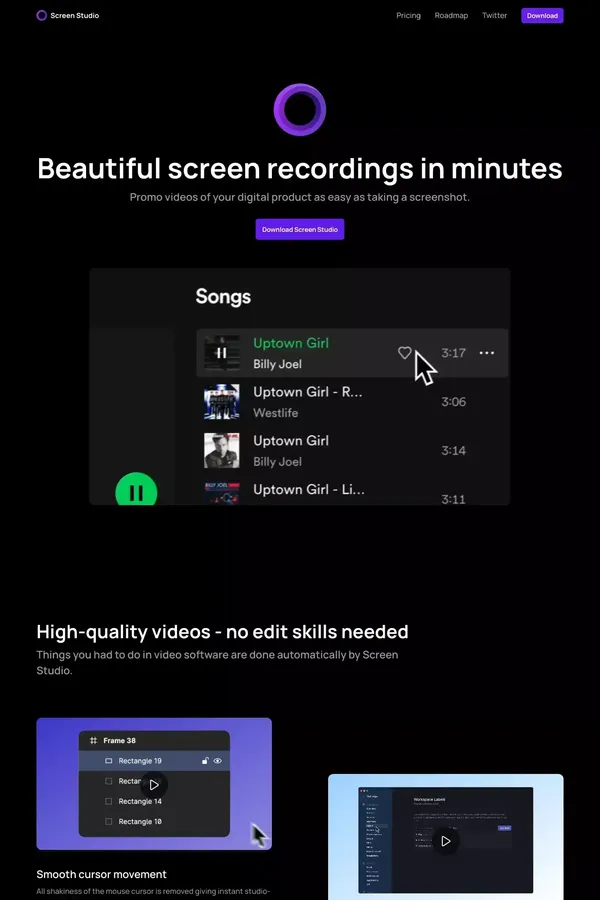 Screen Studio — Beautiful screen recordings in minutes - Landing design inspiration