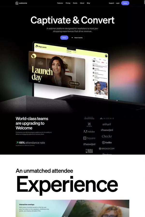 Webinar platform for virtual events and company meetings | Welcome - Landing design inspiration