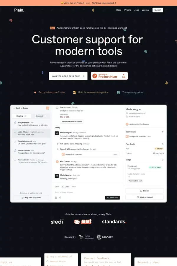 Plain - Customer support for modern tools - Landing design inspiration