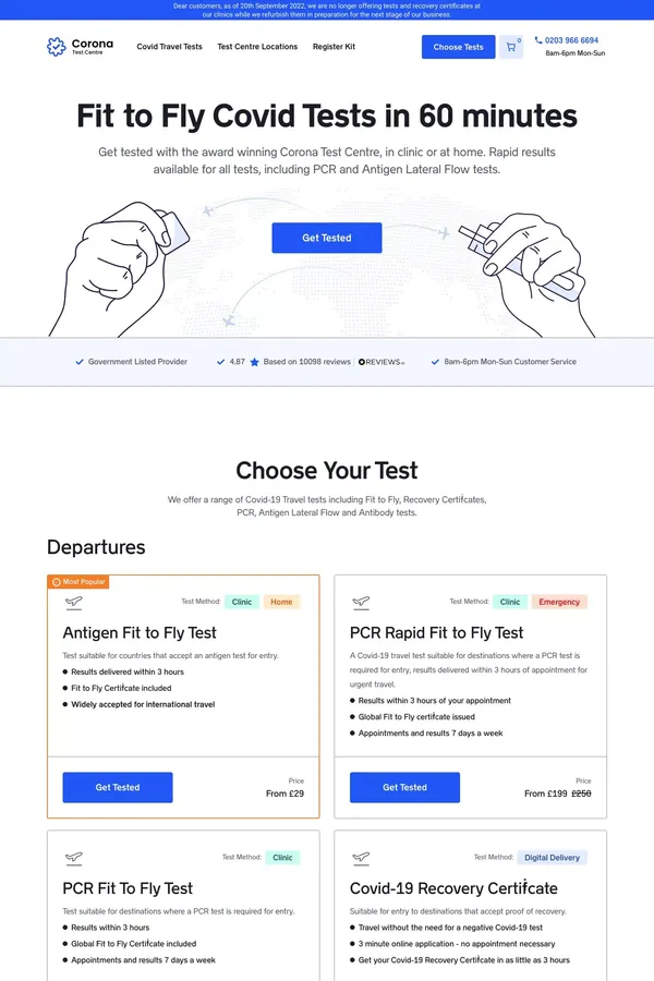 Fit to Fly Covid-19 Travel Testing - PCR & Antigen Lateral Flow | Corona Test Centre - Ecommerce design inspiration