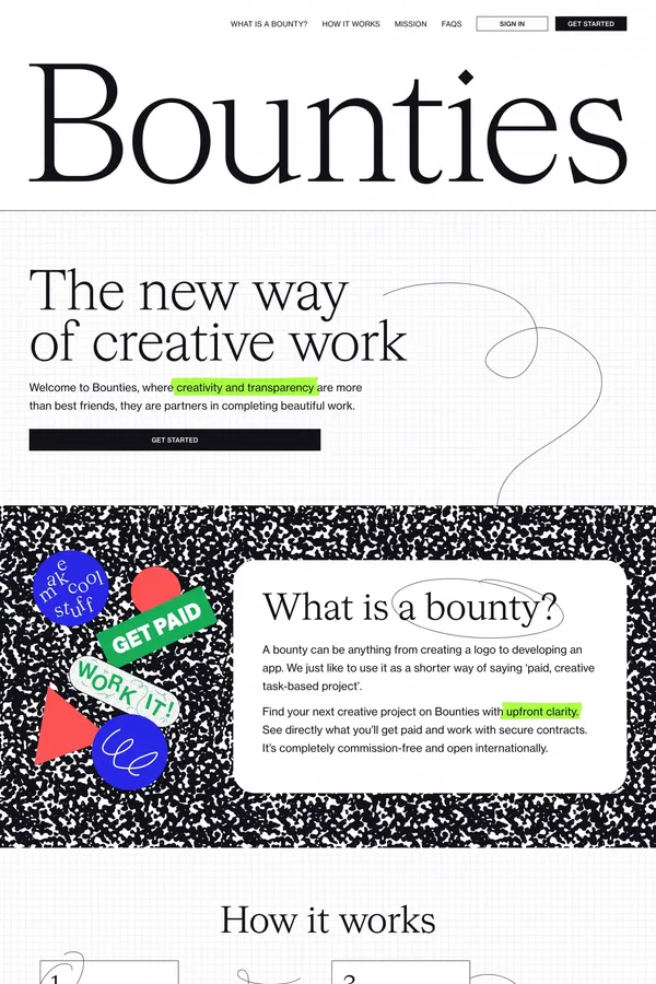 Find and work on your next creative project - Bounties - Landing design inspiration