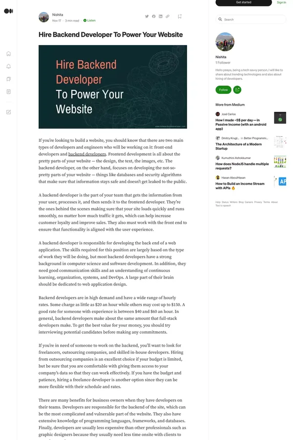 Hire Backend Developer To Power Your Website | by Nishita | Nov, 2022 | Medium - Blog Post design inspiration