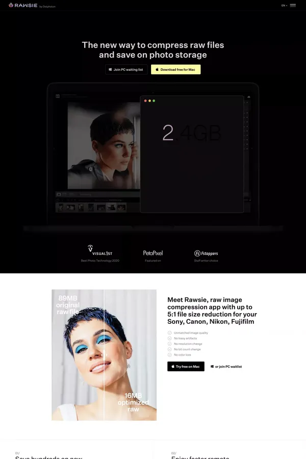 Rawsie – Reduce RAW image file size by up to 80% - Landing design inspiration