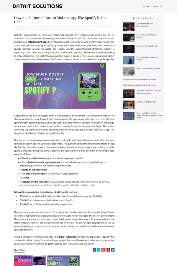 How much Does it Cost to Make an app like Spotify in the USA? - DataIT Solutions - Blog Post design inspiration