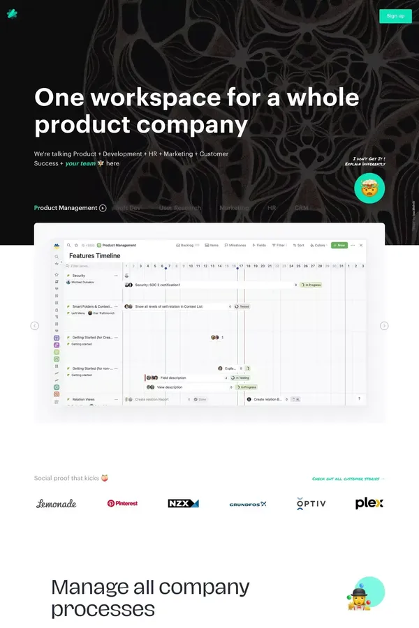 One workspace for a whole product company — Fibery - Landing design inspiration