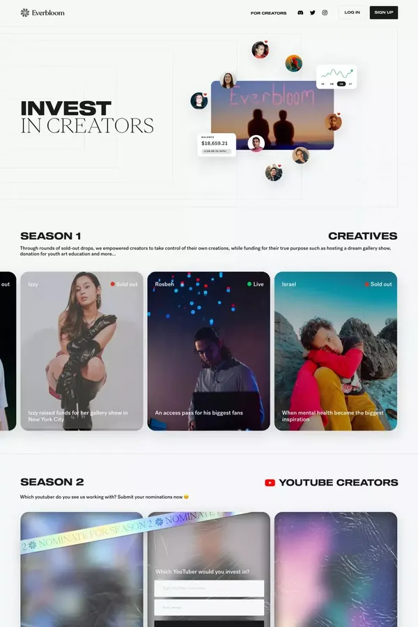 Everbloom App - Invest in creators - Landing design inspiration