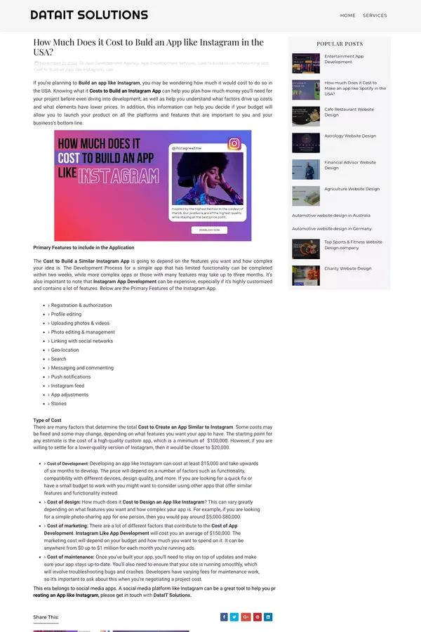 How Much Does it Cost to Buld an App like Instagram in the USA? - DataIT Solutions - Blog Post design inspiration