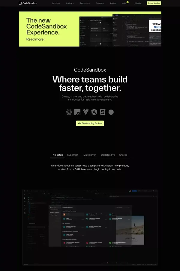 CodeSandbox: Online Code Editor and IDE for Rapid Web Development - Landing design inspiration