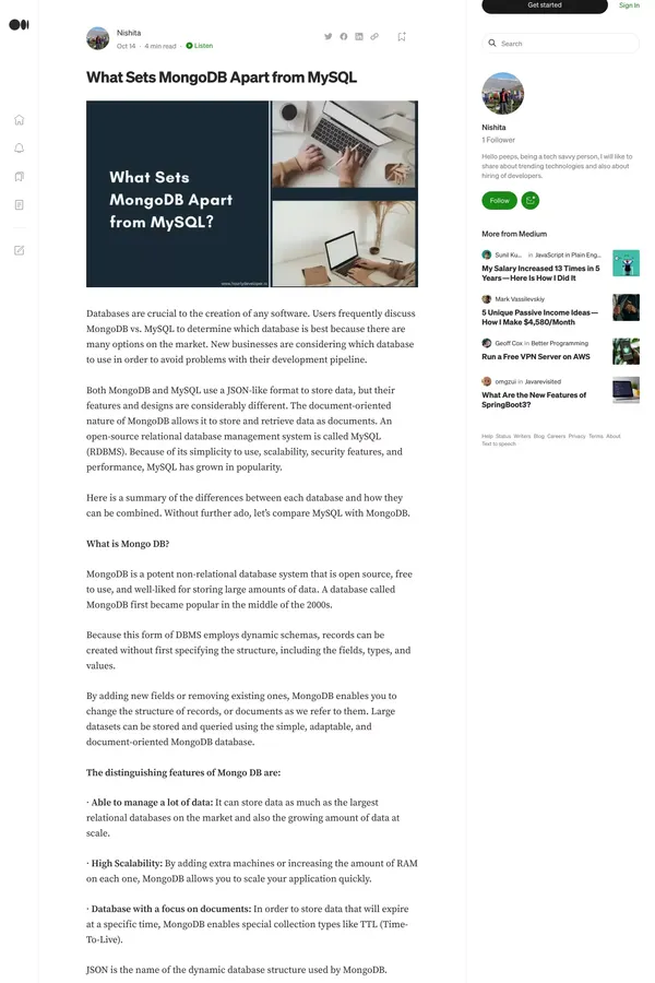 What Sets MongoDB Apart from MySQL | by Nishita | Oct, 2022 | Medium - Blog Post design inspiration