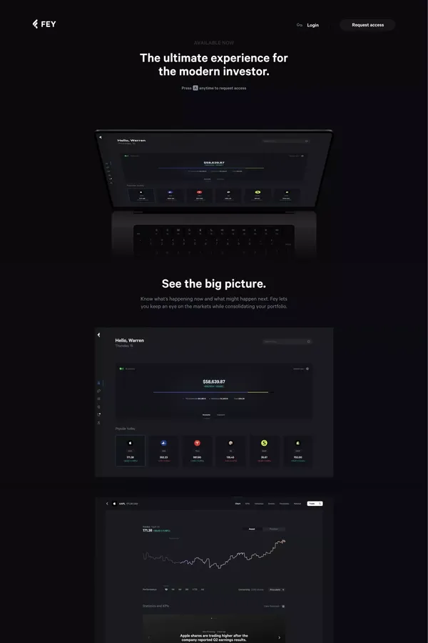 Fey: The ultimate experience for the modern investor. - Landing design inspiration