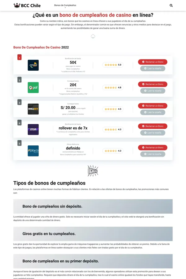 Bonos de cumpleaños de casinos en línea Chile - BCC Chile - website design inspiration