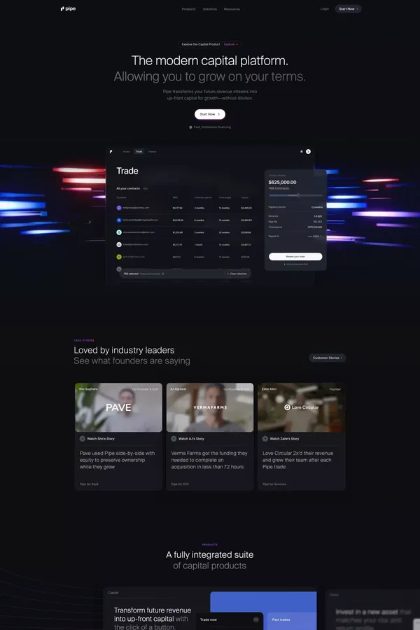 Pipe: Trade your future revenue for dilution-free capital - Landing design inspiration