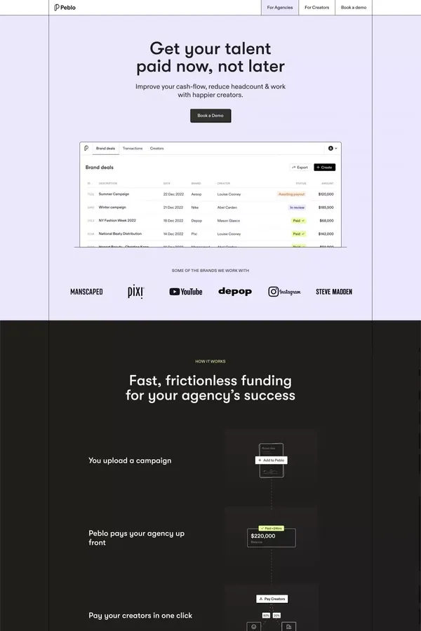 Peblo | Get your talent paid now, not later - Landing design inspiration