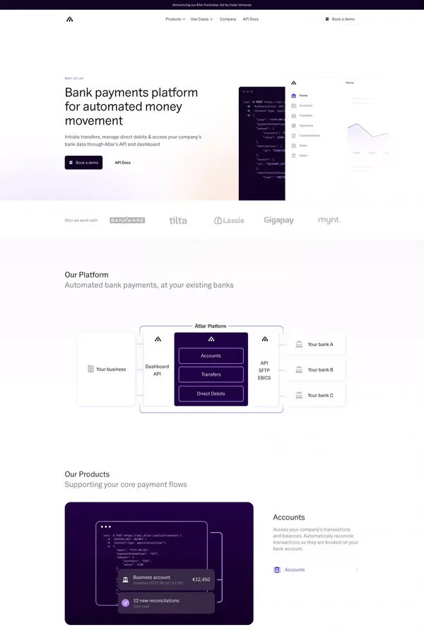 Atlar | Bank payments platform for automated money movement - Landing design inspiration