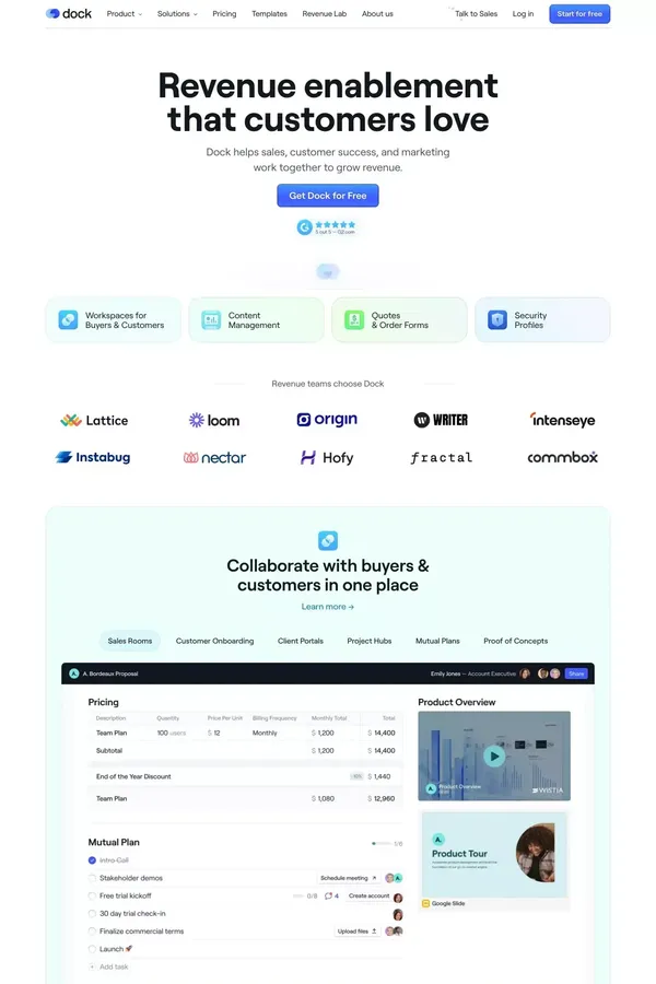Dock - Revenue enablement that customers love - Landing design inspiration