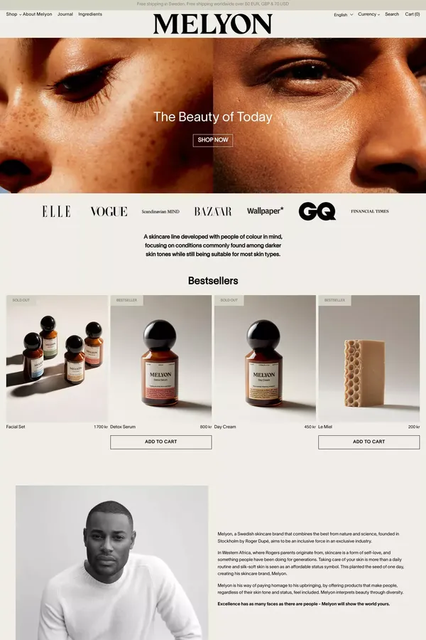 Melyon – Inclusive skincare made in Sweden for people of all color - Ecommerce design inspiration