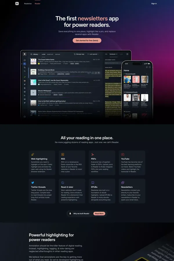 Readwise Reader | The first read-it-later app built for power readers. - Landing design inspiration