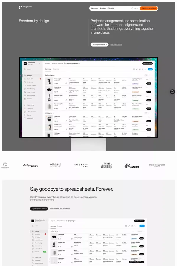 Interior Designer & Architect Project Management Software - Programa - Landing design inspiration