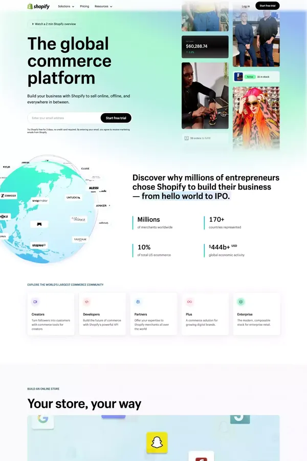 Start and grow your e-commerce business - 3-Day Free Trial - Landing design inspiration