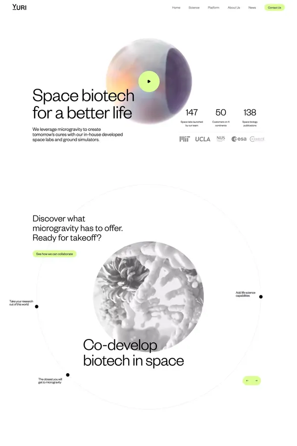 Home - Yuri - Space biotech for a better life - Landing design inspiration