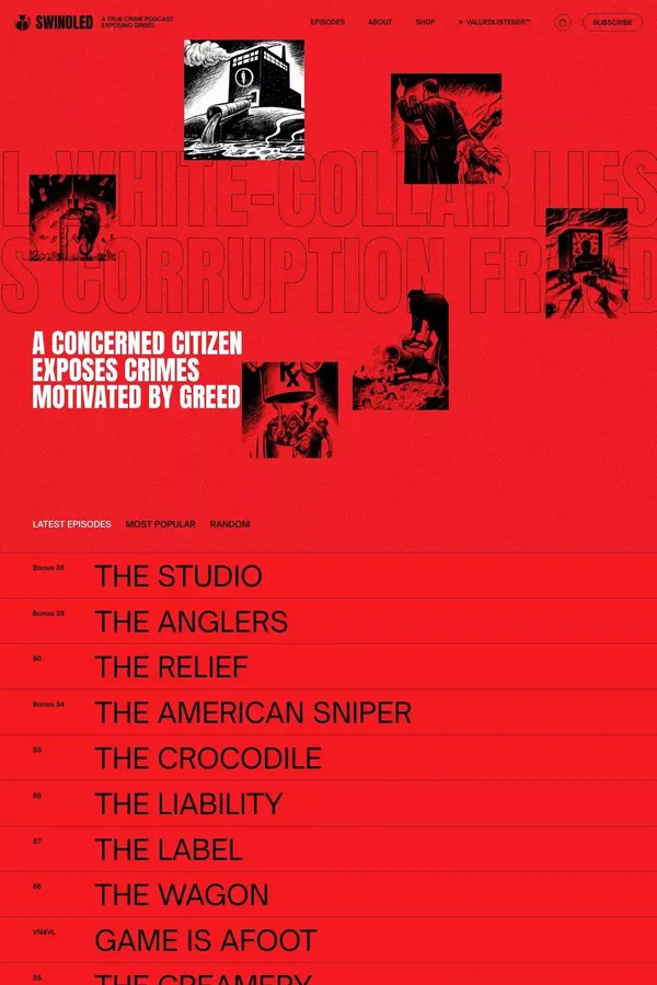 Swindled - A True Crime Podcast Exposing Greed - Listen Now - Landing design inspiration