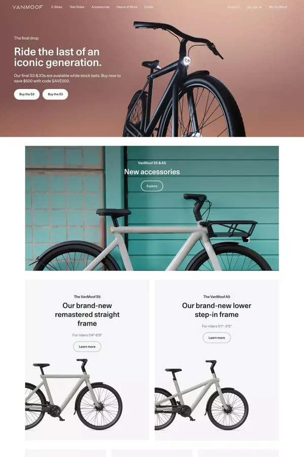 Ride the future with our Electric Bikes | VanMoof - Ecommerce design inspiration