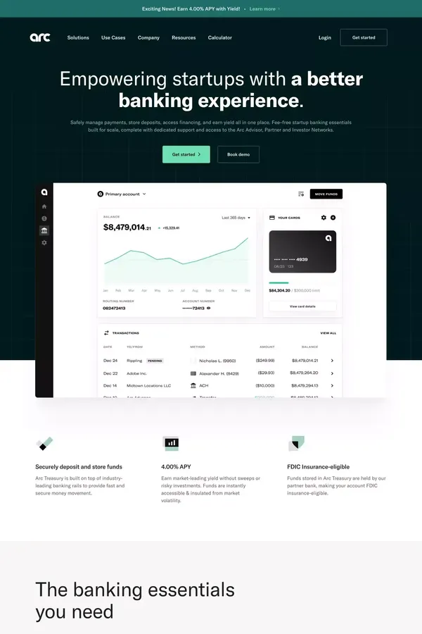 Empowering startups with a better banking experience | Arc - Landing design inspiration