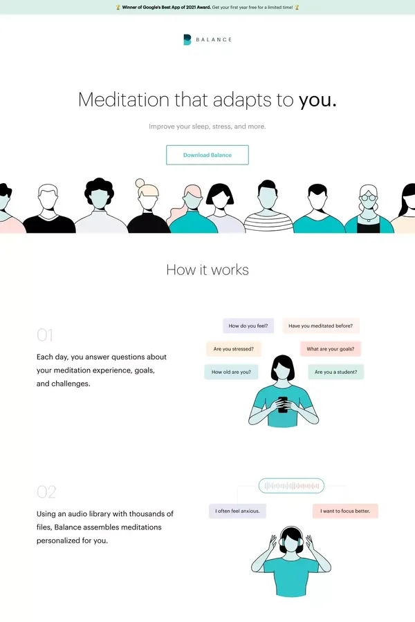 Balance: Personalized Meditation and Sleep Guidance - Landing design inspiration