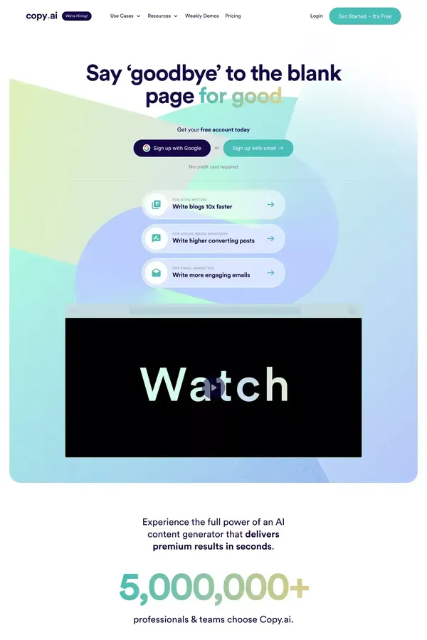 Copy.ai: Write better marketing copy and content with AI - Landing design inspiration