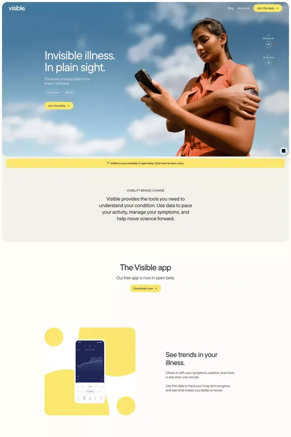 Visible - Activity tracking for Long Covid and ME/CFS - Landing design inspiration