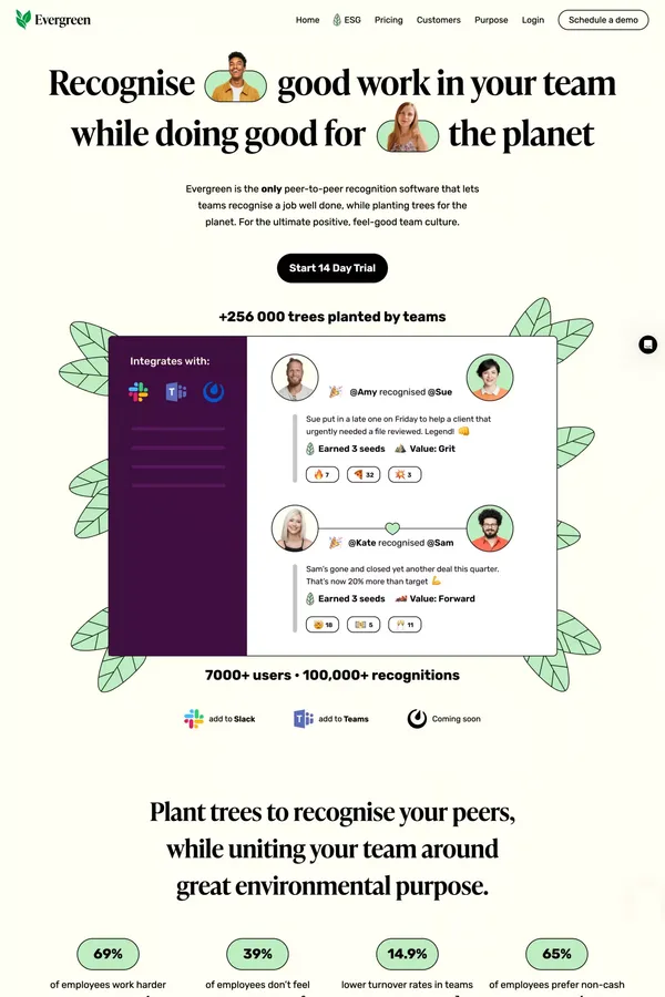 Evergreen | Give recognition and plant trees - Landing design inspiration