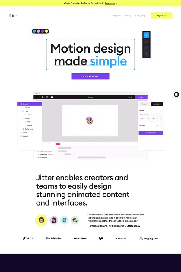 Jitter · Fast and simple motion design tool. - Landing design inspiration