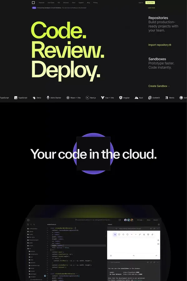 CodeSandbox: Code, Review and Deploy in Record Time - Landing design inspiration