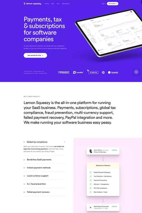 Payments, tax & subscriptions for software companies • Lemon Squeezy - Landing design inspiration