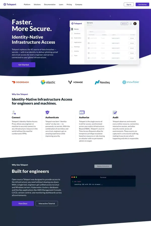 Teleport: Identity-Native Infrastructure Access. Faster. More Secure. - website design inspiration