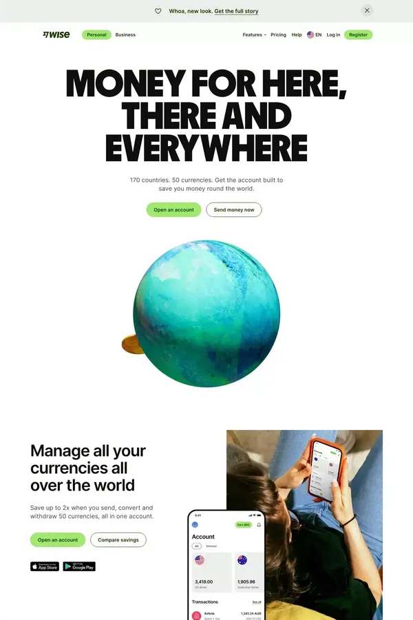 Wise: the international account | Money without borders - website design inspiration