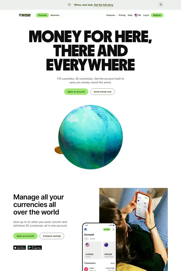 Wise: the international account | Money without borders - website design inspiration