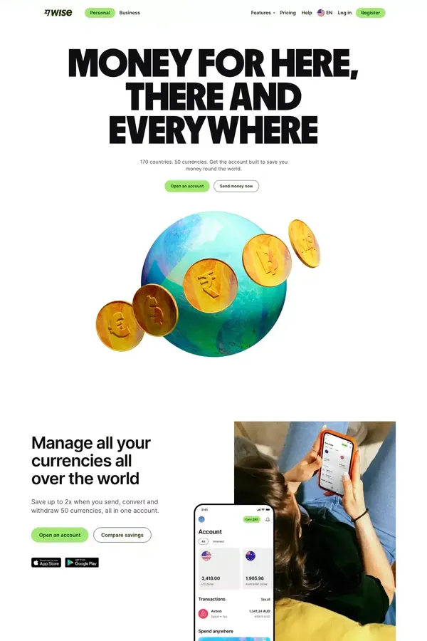Wise: the international account | Money without borders - Landing design inspiration