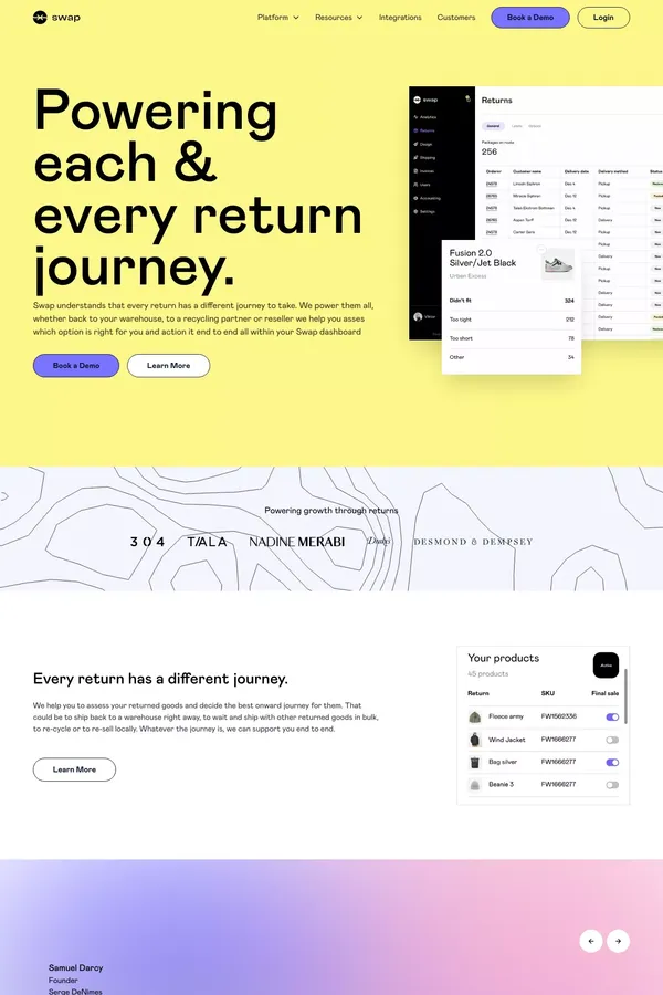 Swap: The exchange first returns platform for Shopify brands - Landing design inspiration