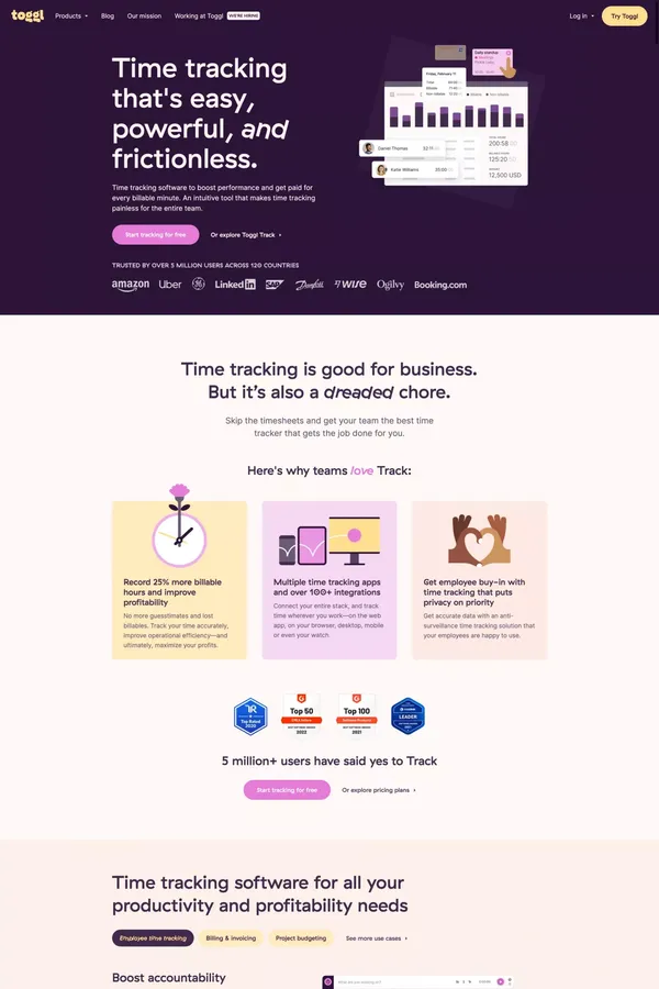 Toggl: Time Tracking Software, Project Planning & Hiring Tools - Landing design inspiration